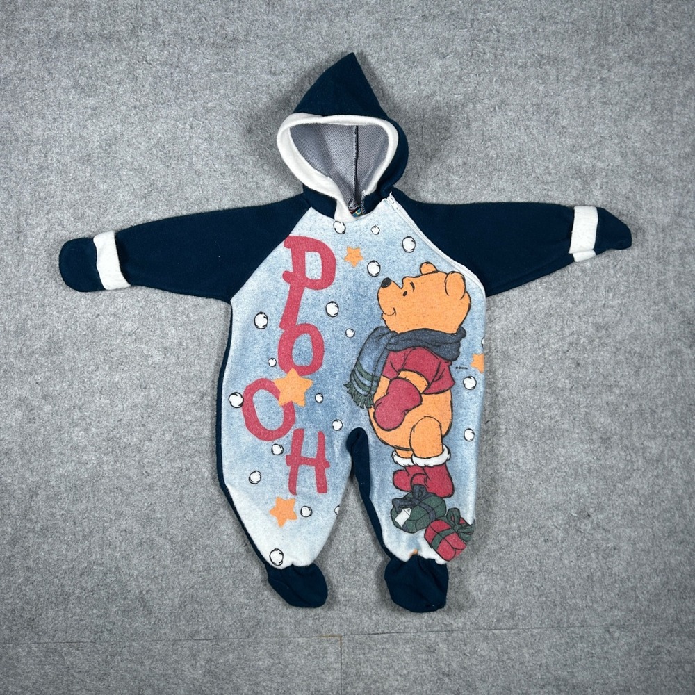 Disney Winnie‎ the Pooh Fleece Romper Unisex 6/9 Months Blue Vintage Winter Snow